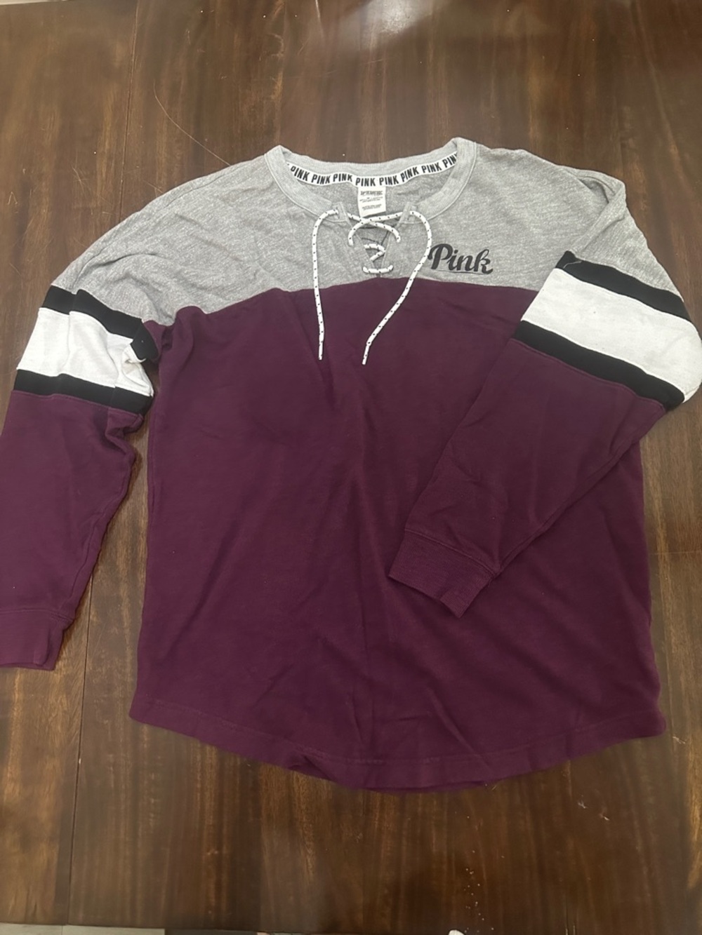 PINK Colorblock Lace-Up Sweatshirt in Plum and Heather Gray